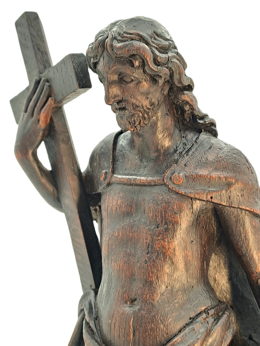 Christ Holding The Cross, Patinated Oak Sculpture, Baroque Period 17th Century-photo-4