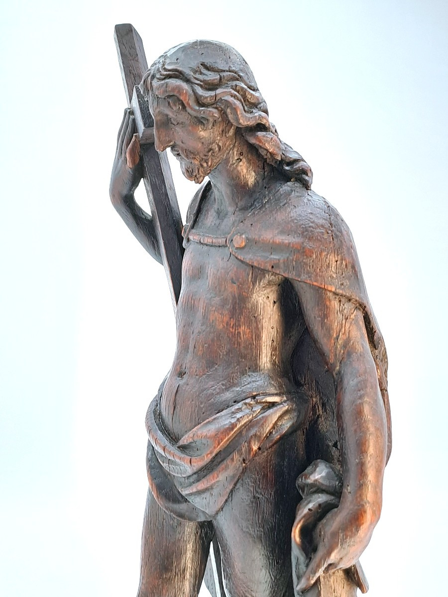 Christ Holding The Cross, Patinated Oak Sculpture, Baroque Period 17th Century-photo-1