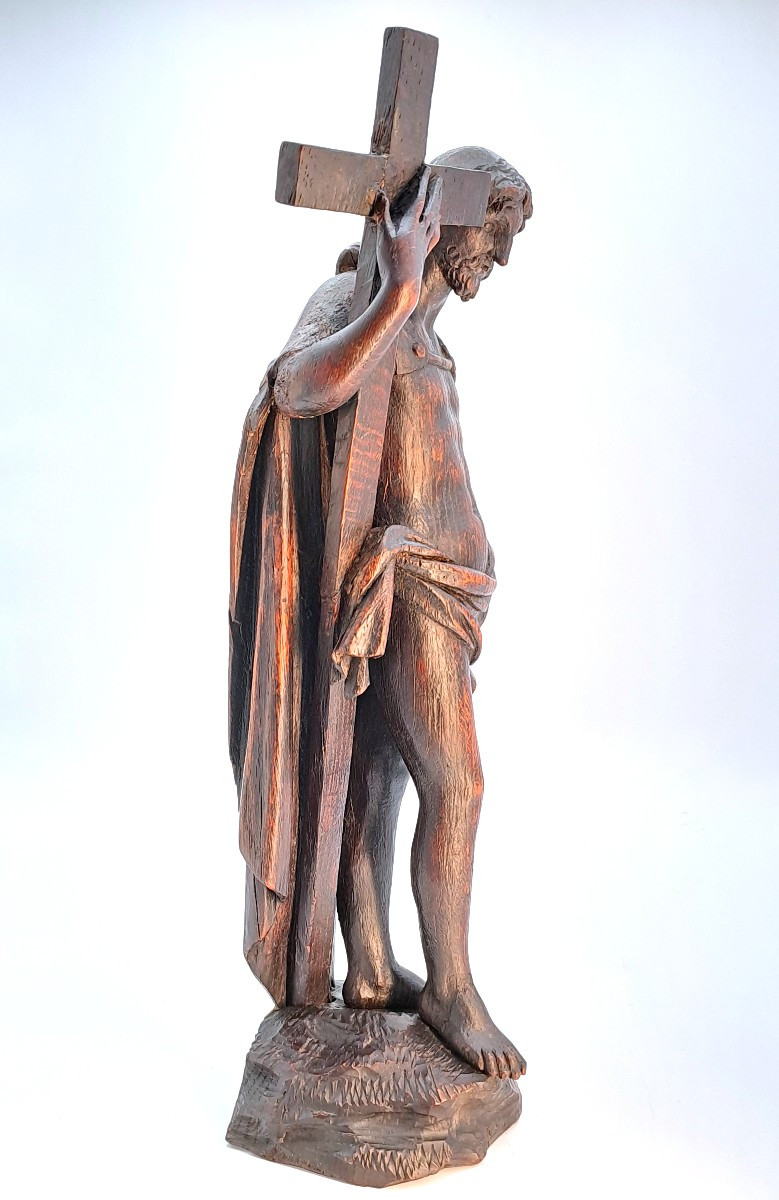 Christ Holding The Cross, Patinated Oak Sculpture, Baroque Period 17th Century-photo-5