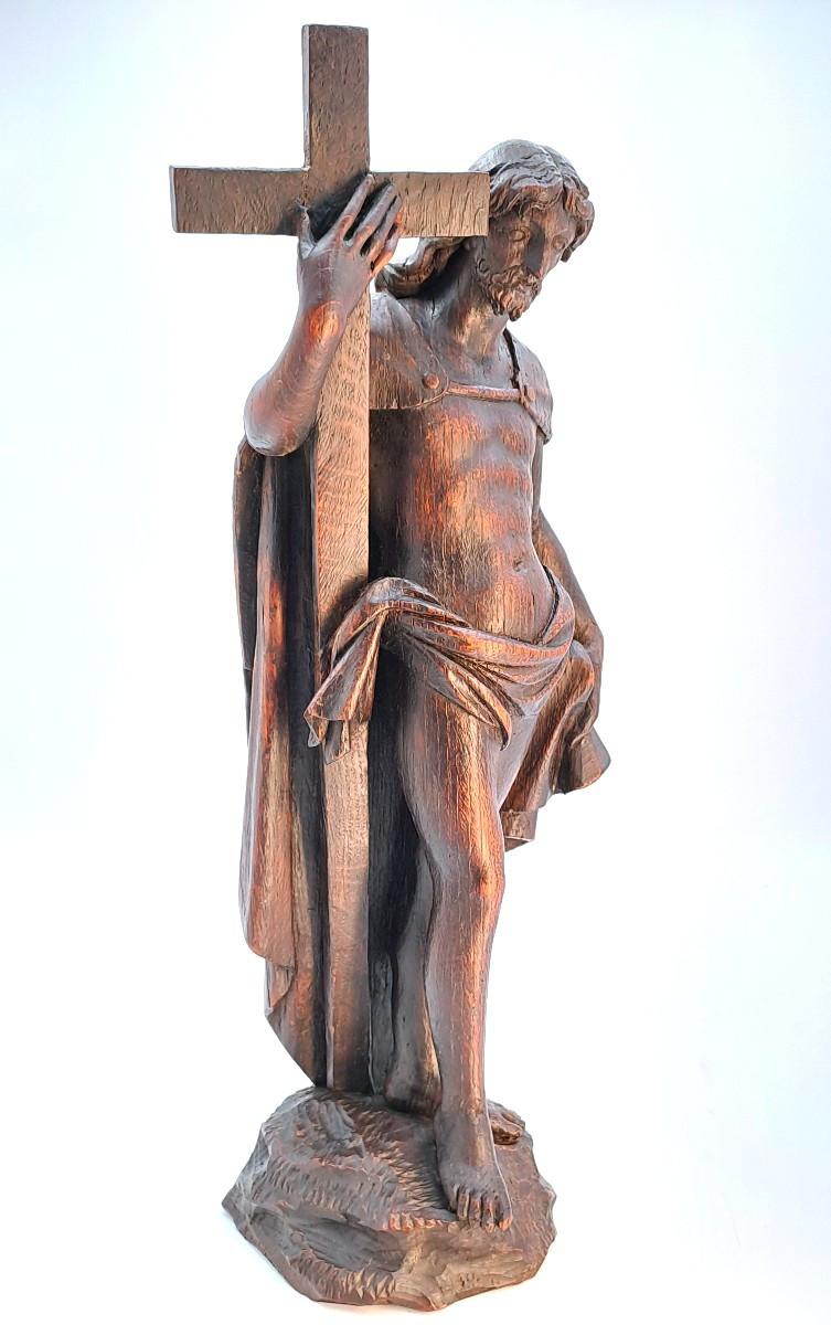 Christ Holding The Cross, Patinated Oak Sculpture, Baroque Period 17th Century-photo-6