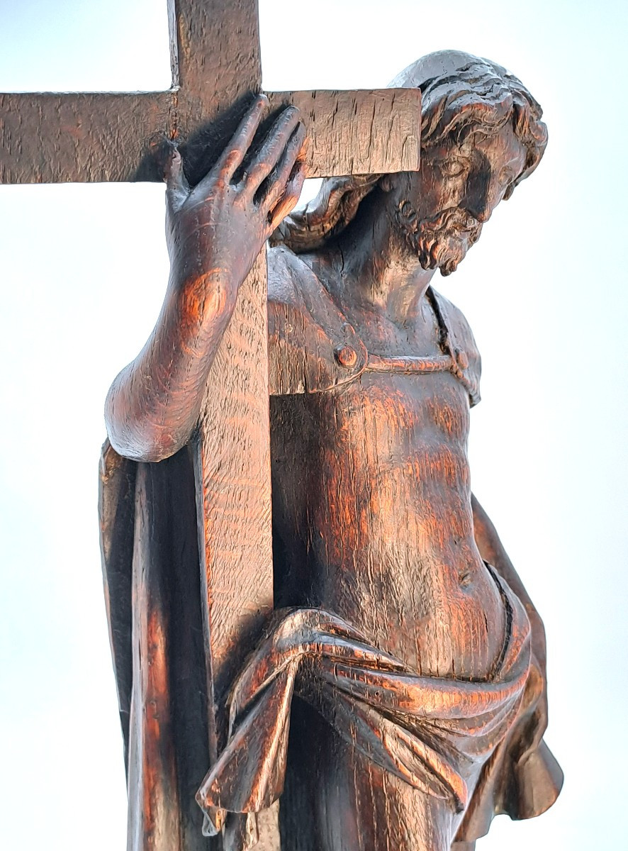 Christ Holding The Cross, Patinated Oak Sculpture, Baroque Period 17th Century-photo-7