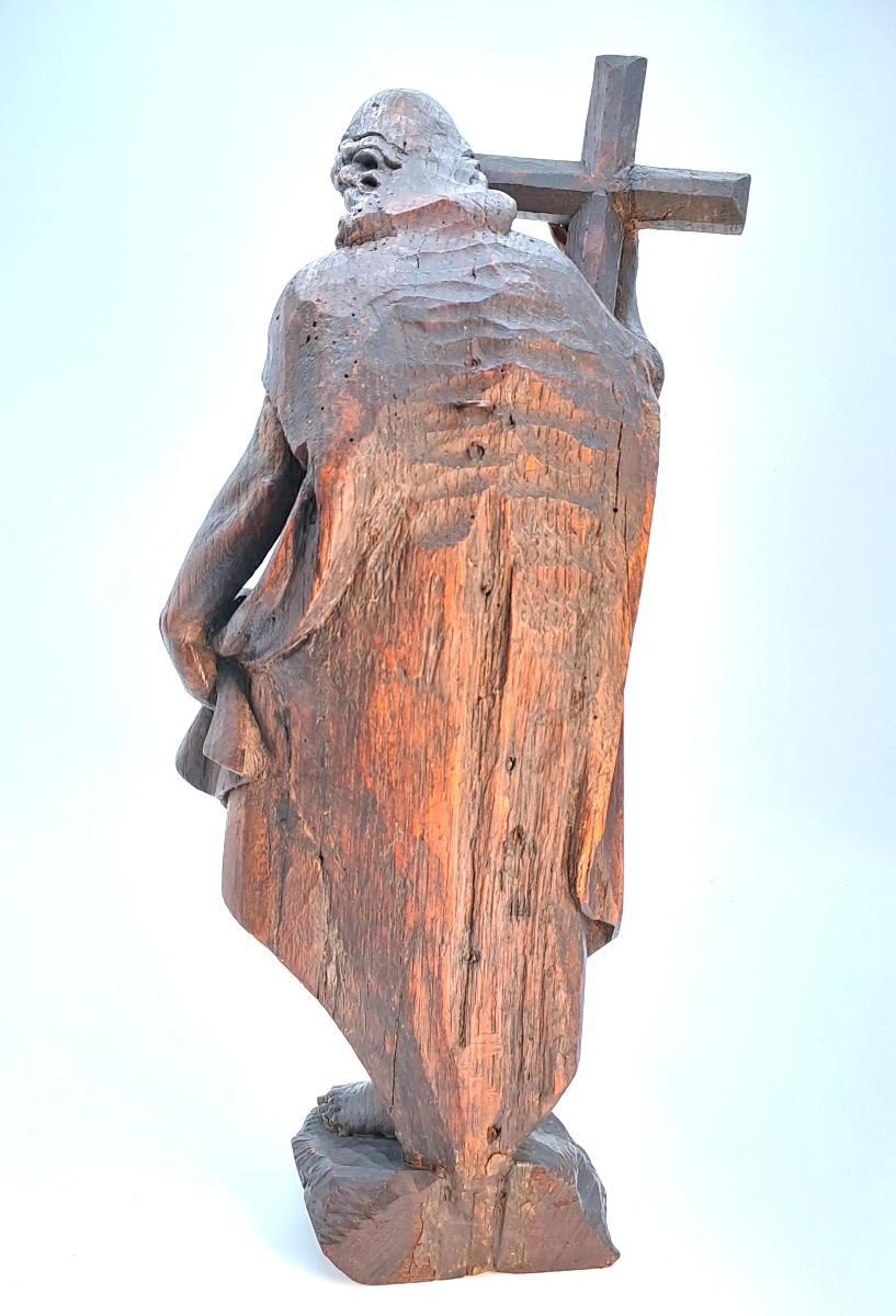 Christ Holding The Cross, Patinated Oak Sculpture, Baroque Period 17th Century-photo-4