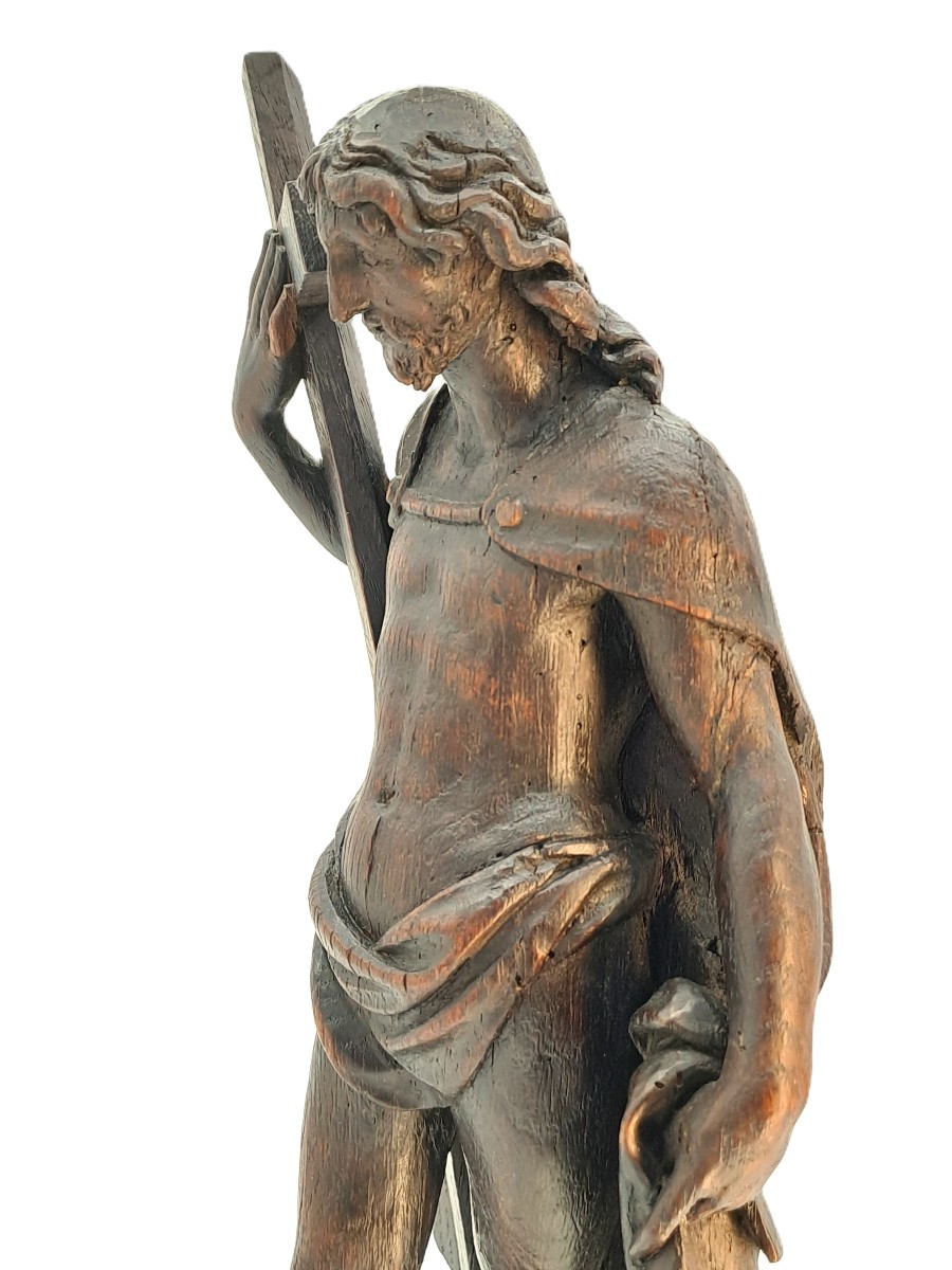 Christ Holding The Cross, Patinated Oak Sculpture, Baroque Period 17th Century-photo-2