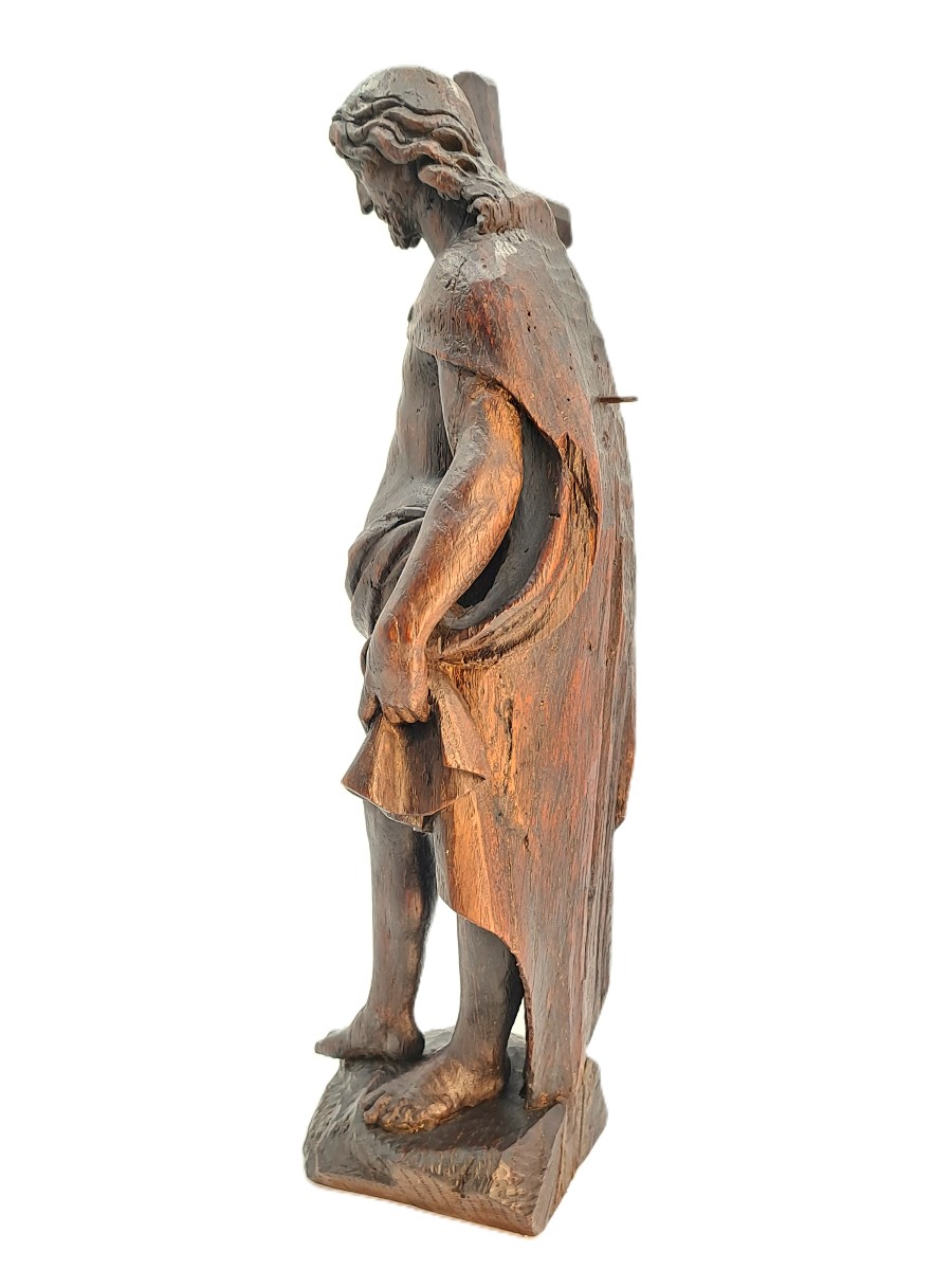 Christ Holding The Cross, Patinated Oak Sculpture, Baroque Period 17th Century-photo-3