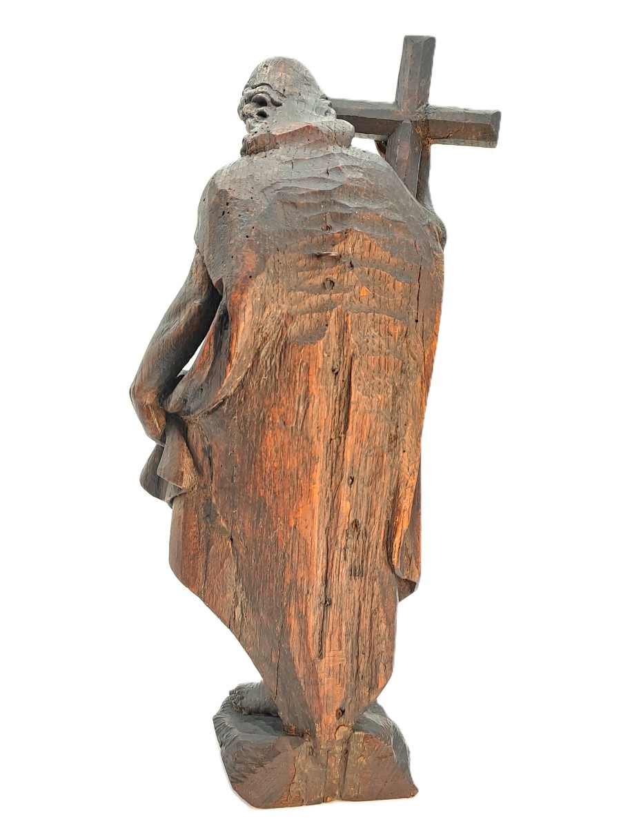 Christ Holding The Cross, Patinated Oak Sculpture, Baroque Period 17th Century-photo-4