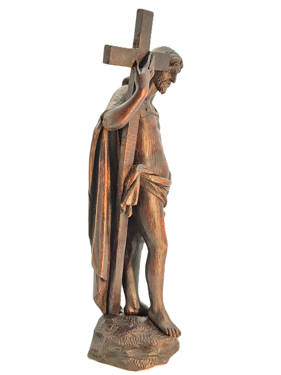 Christ Holding The Cross, Patinated Oak Sculpture, Baroque Period 17th Century-photo-5