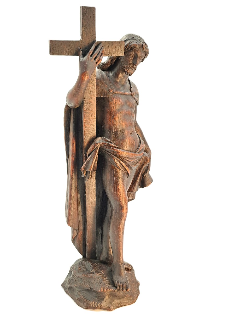 Christ Holding The Cross, Patinated Oak Sculpture, Baroque Period 17th Century-photo-6