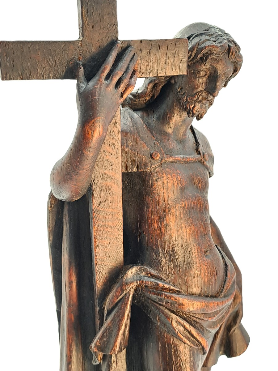 Christ Holding The Cross, Patinated Oak Sculpture, Baroque Period 17th Century-photo-7
