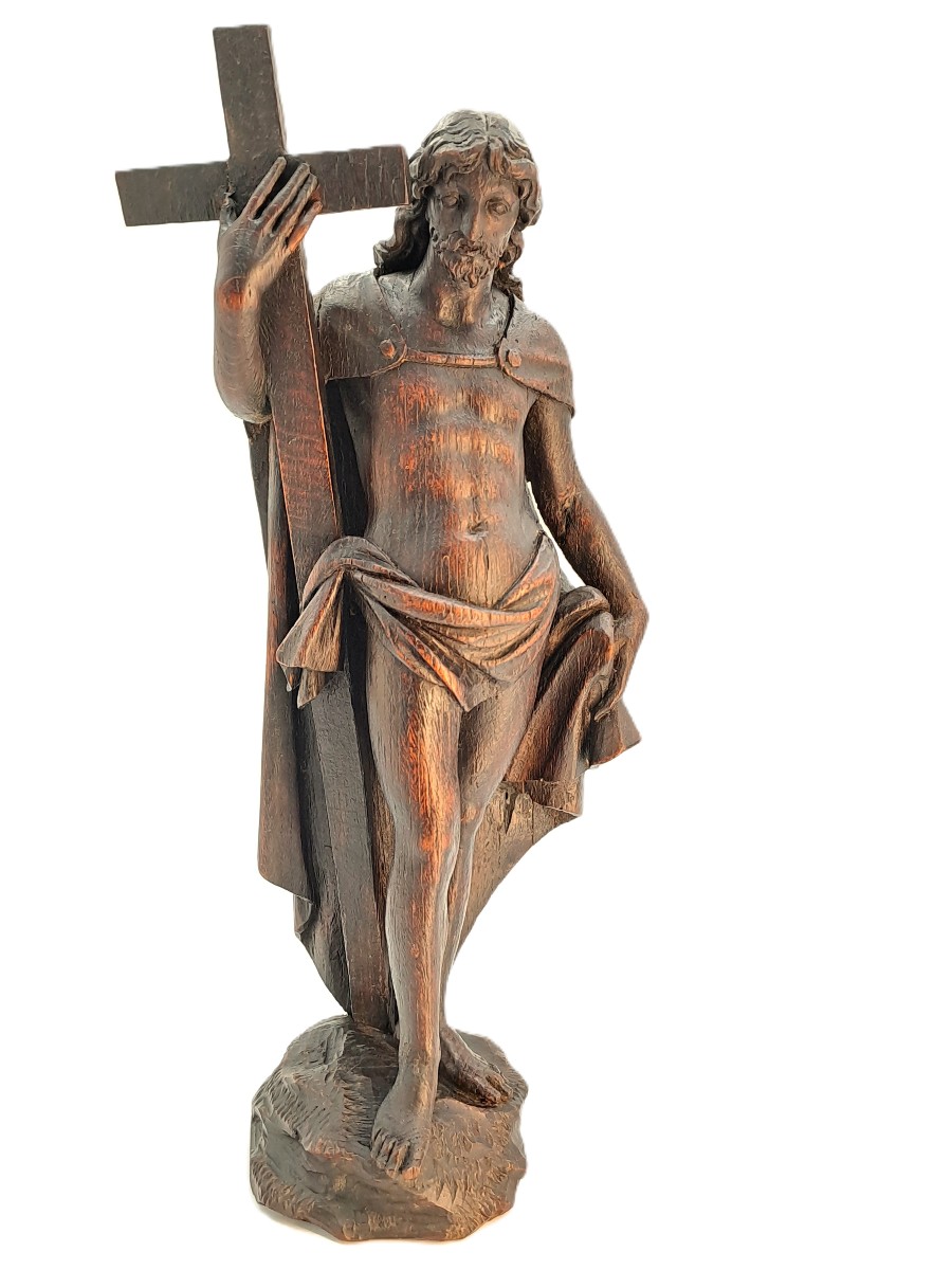 Christ Holding The Cross, Patinated Oak Sculpture, Baroque Period 17th Century-photo-8