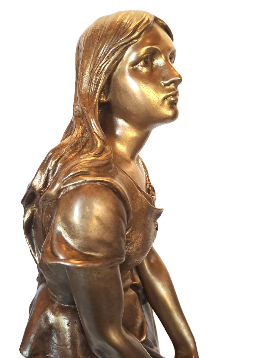 The Revelation Of Joan Of Arc Or The Spinner, Bronze With Gilt Patina, Signed Eugène Laurent, 19th Century-photo-2