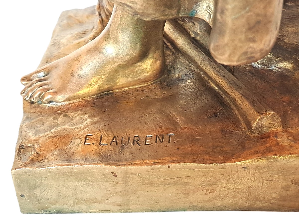 The Revelation Of Joan Of Arc Or The Spinner, Bronze With Gilt Patina, Signed Eugène Laurent, 19th Century-photo-3