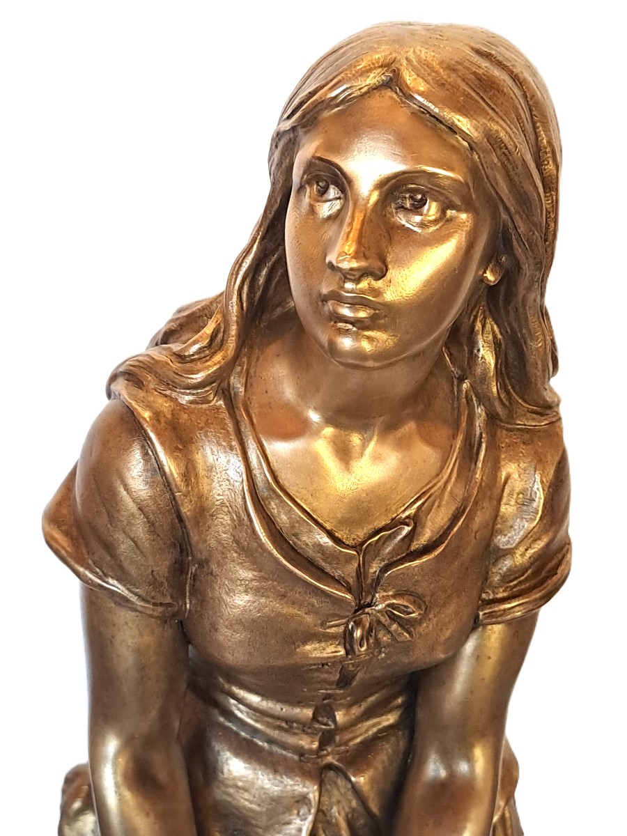 The Revelation Of Joan Of Arc Or The Spinner, Bronze With Gilt Patina, Signed Eugène Laurent, 19th Century-photo-1