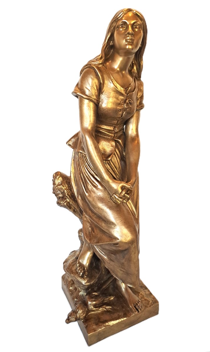The Revelation Of Joan Of Arc Or The Spinner, Bronze With Gilt Patina, Signed Eugène Laurent, 19th Century-photo-2