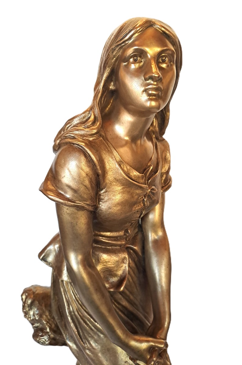 The Revelation Of Joan Of Arc Or The Spinner, Bronze With Gilt Patina, Signed Eugène Laurent, 19th Century-photo-3