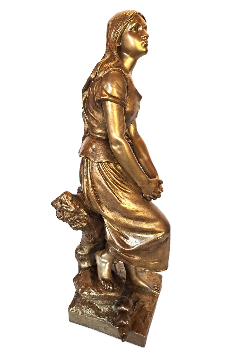 The Revelation Of Joan Of Arc Or The Spinner, Bronze With Gilt Patina, Signed Eugène Laurent, 19th Century
