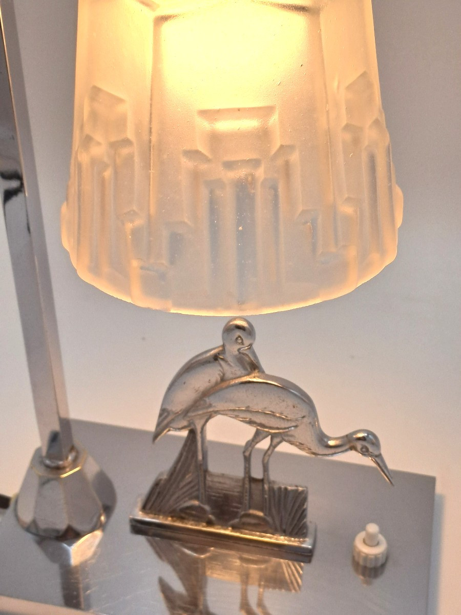 Art Deco Lamp In Chromed Metal Decorated With Wading Birds And A Skyscraper Tulip Shade, Mid-20th Century-photo-4