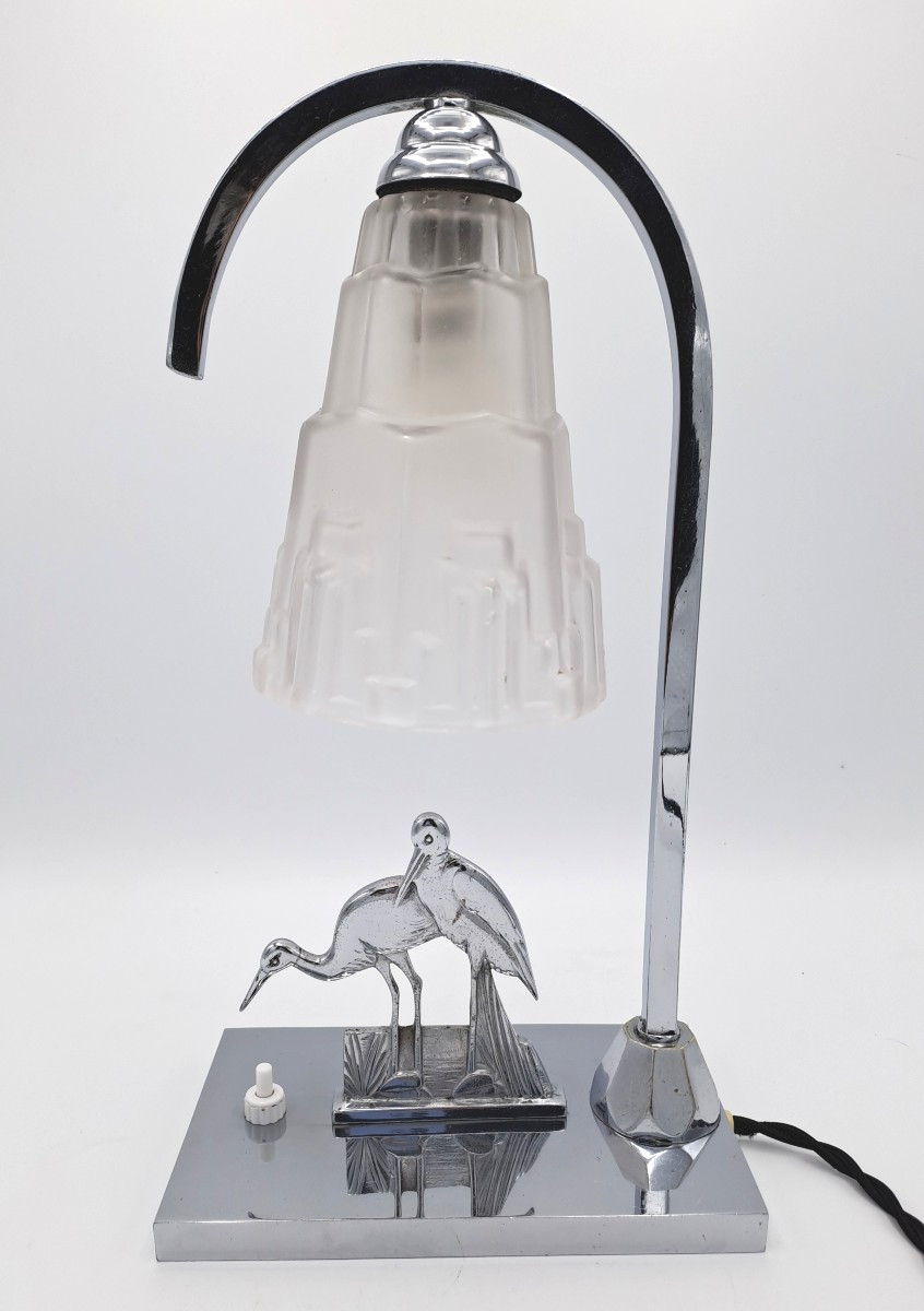 Art Deco Lamp In Chromed Metal Decorated With Wading Birds And A Skyscraper Tulip Shade, Mid-20th Century-photo-2