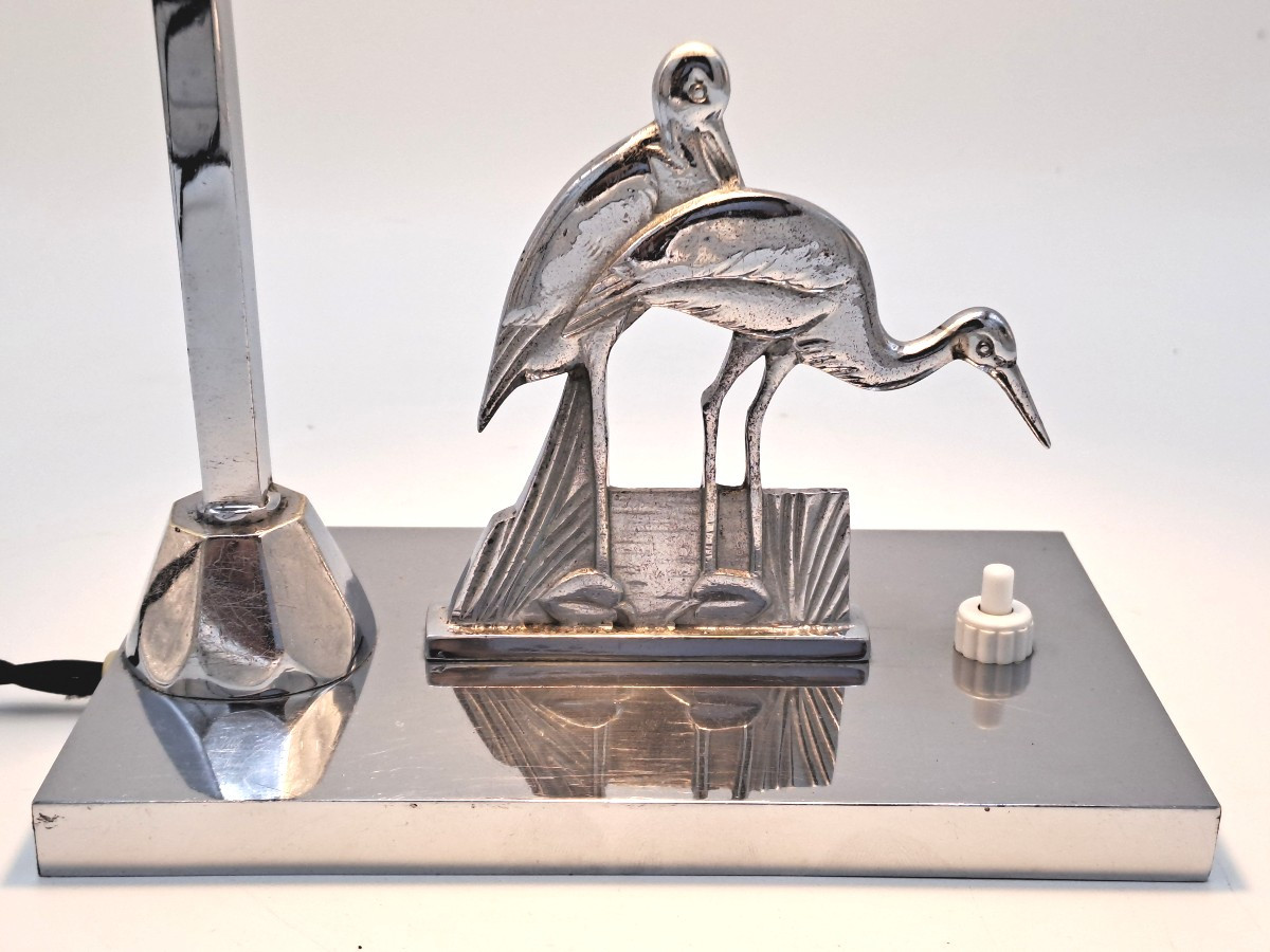 Art Deco Lamp In Chromed Metal Decorated With Wading Birds And A Skyscraper Tulip Shade, Mid-20th Century-photo-1