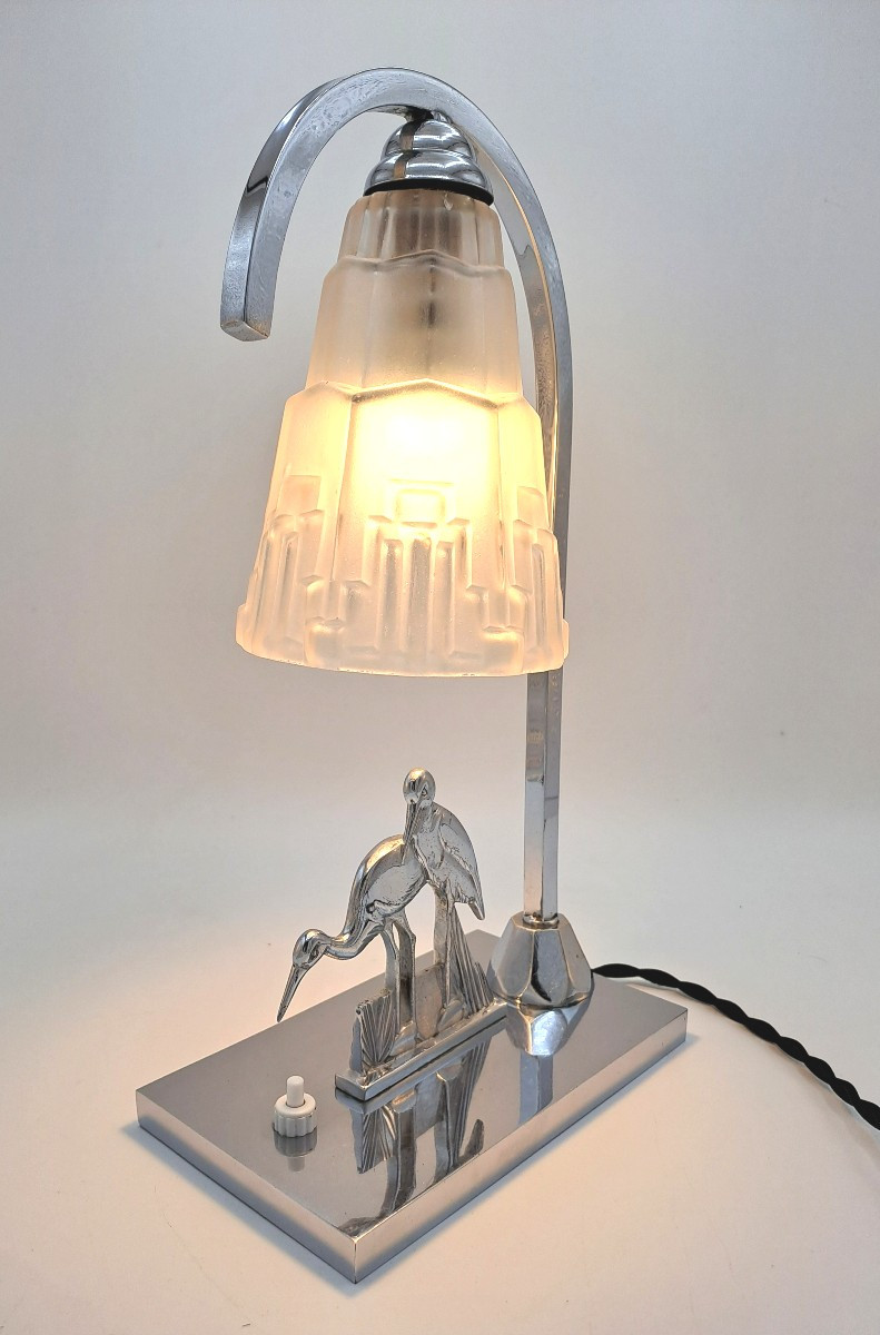 Art Deco Lamp In Chromed Metal Decorated With Wading Birds And A Skyscraper Tulip Shade, Mid-20th Century-photo-2