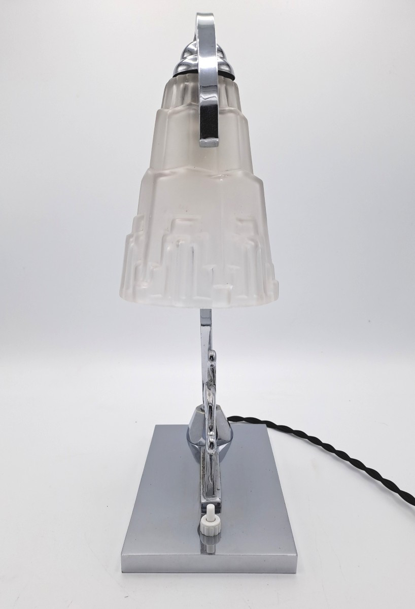 Art Deco Lamp In Chromed Metal Decorated With Wading Birds And A Skyscraper Tulip Shade, Mid-20th Century-photo-3