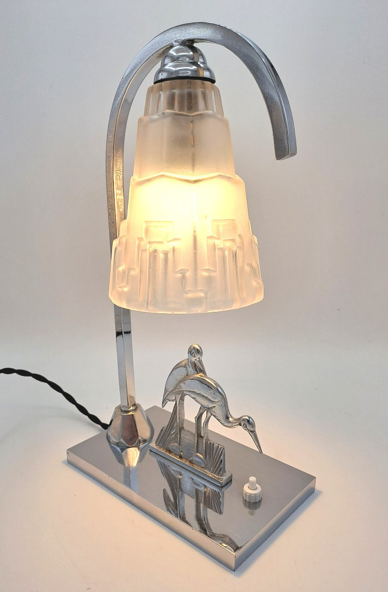 Art Deco Lamp In Chromed Metal Decorated With Wading Birds And A Skyscraper Tulip Shade, Mid-20th Century-photo-4