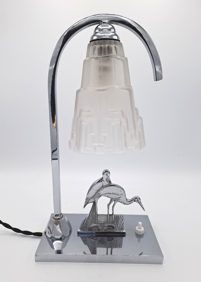Art Deco Lamp In Chromed Metal Decorated With Wading Birds And A Skyscraper Tulip Shade, Mid-20th Century-photo-5