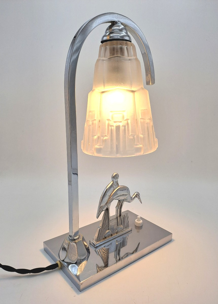 Art Deco Lamp In Chromed Metal Decorated With Wading Birds And A Skyscraper Tulip Shade, Mid-20th Century-photo-6