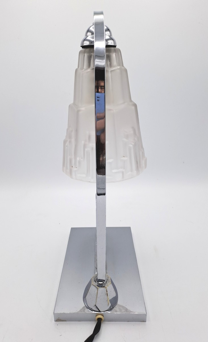 Art Deco Lamp In Chromed Metal Decorated With Wading Birds And A Skyscraper Tulip Shade, Mid-20th Century-photo-7