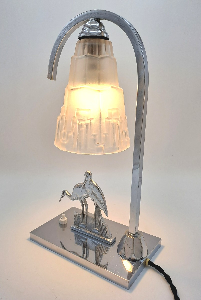 Art Deco Lamp In Chromed Metal Decorated With Wading Birds And A Skyscraper Tulip Shade, Mid-20th Century-photo-8