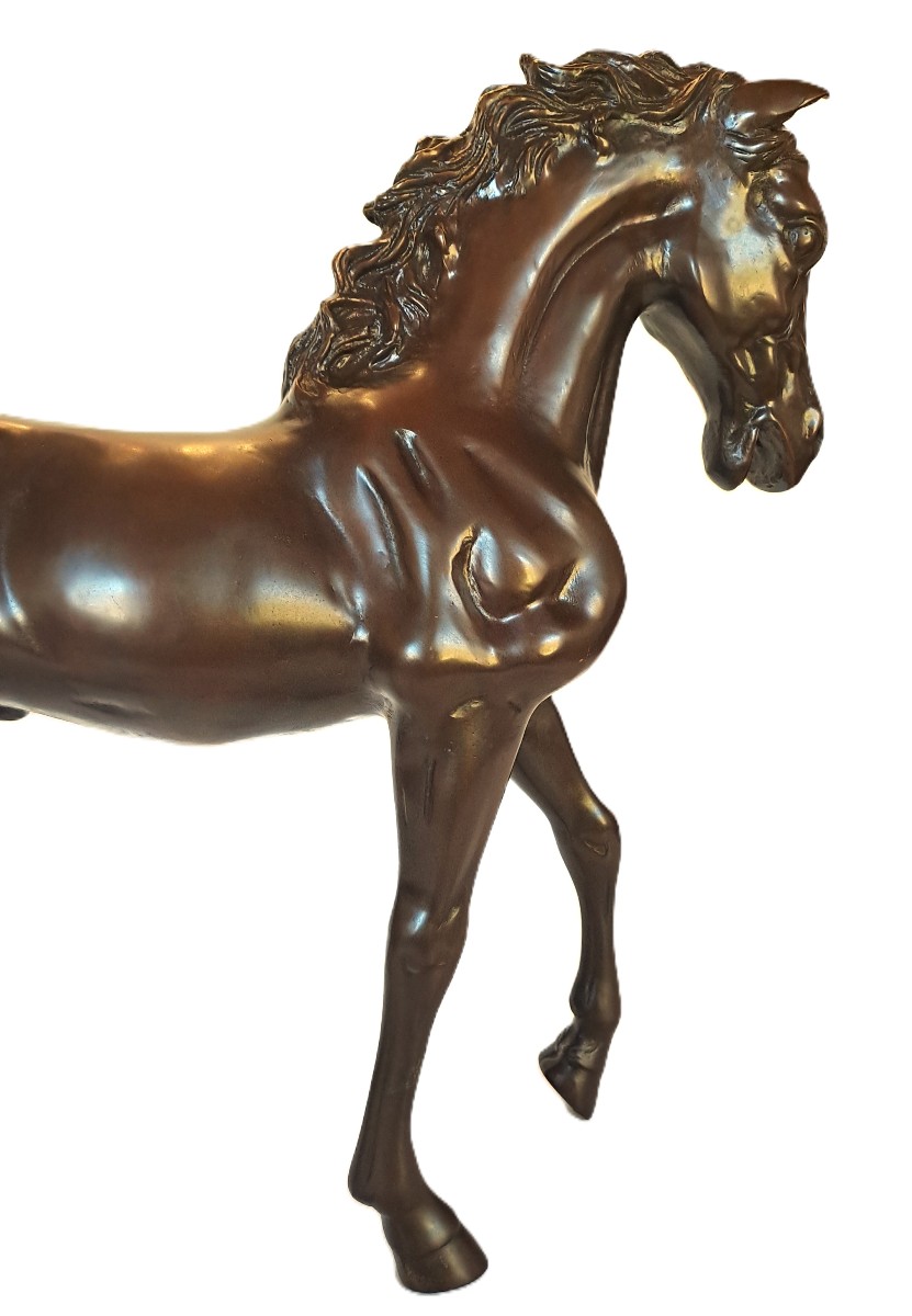 Important Thoroughbred Stallion Horse, Bronze Cast With Brown Patina, 20th Century-photo-3