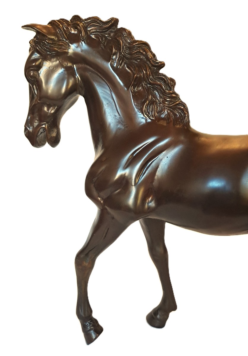 Important Thoroughbred Stallion Horse, Bronze Cast With Brown Patina, 20th Century-photo-4