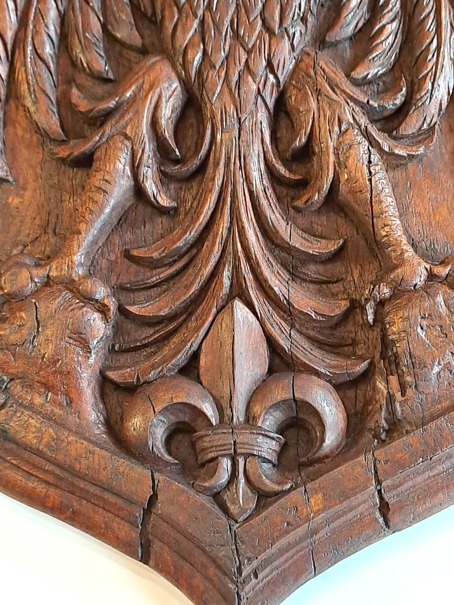 Large Coat Of Arms With A Crowned Eagle And Fleur-de-lis, Sculpture Signed E. Valadié, 19th-20th Century -photo-2