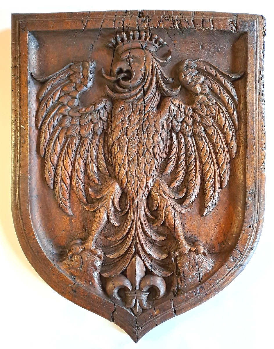 Large Coat Of Arms With A Crowned Eagle And Fleur-de-lis, Sculpture Signed E. Valadié, 19th-20th Century 