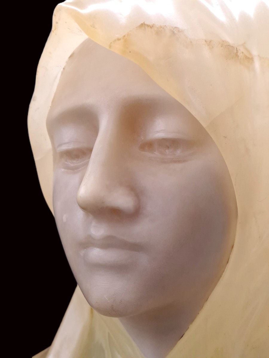 Virgin Of Compassion, Important Bust Sculpted In Onyx And Alabaster, Late 19th Century-photo-3