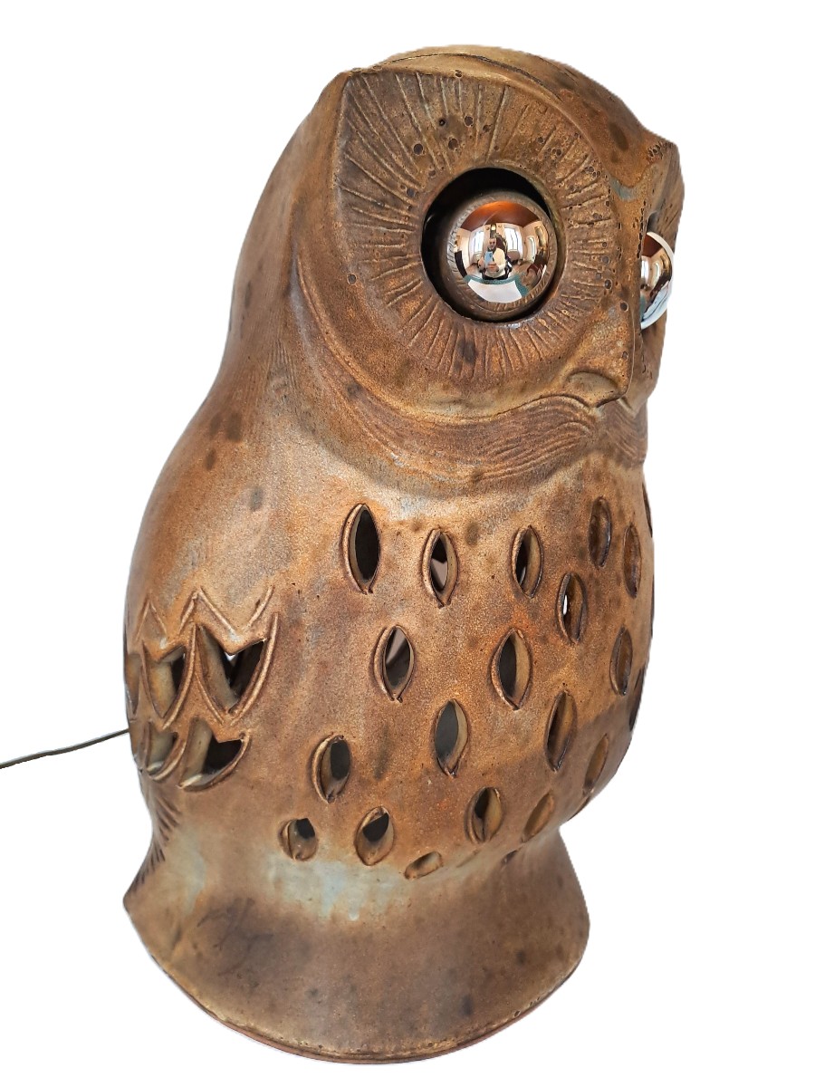 Chouette signée Agnès ESCALA, Luminaire zoomorphe en grès ajouré, Design Vintage Années 1970-photo-1
