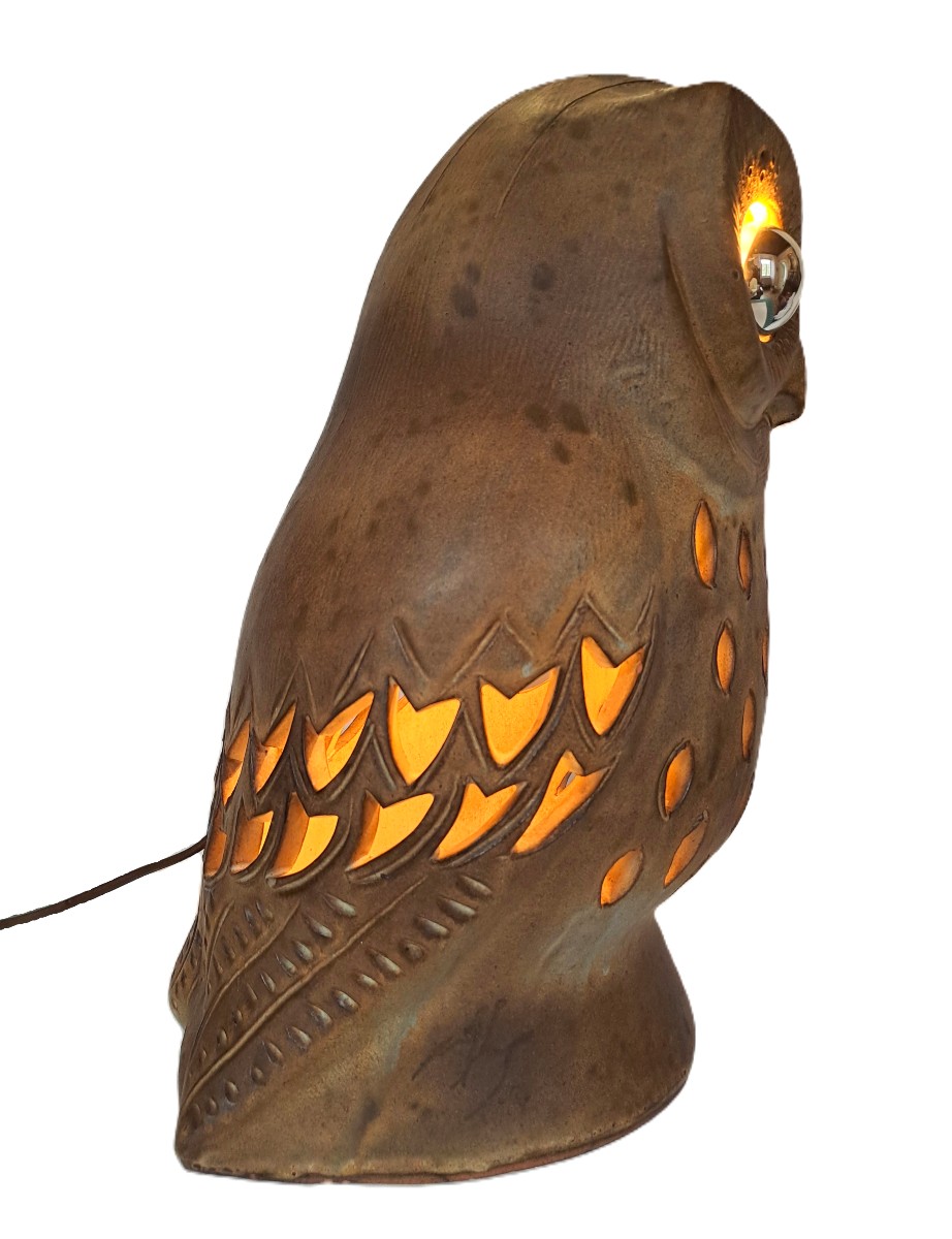 Chouette signée Agnès ESCALA, Luminaire zoomorphe en grès ajouré, Design Vintage Années 1970-photo-2
