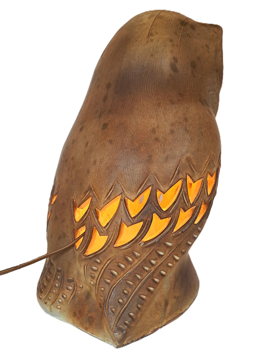 Chouette signée Agnès ESCALA, Luminaire zoomorphe en grès ajouré, Design Vintage Années 1970-photo-3