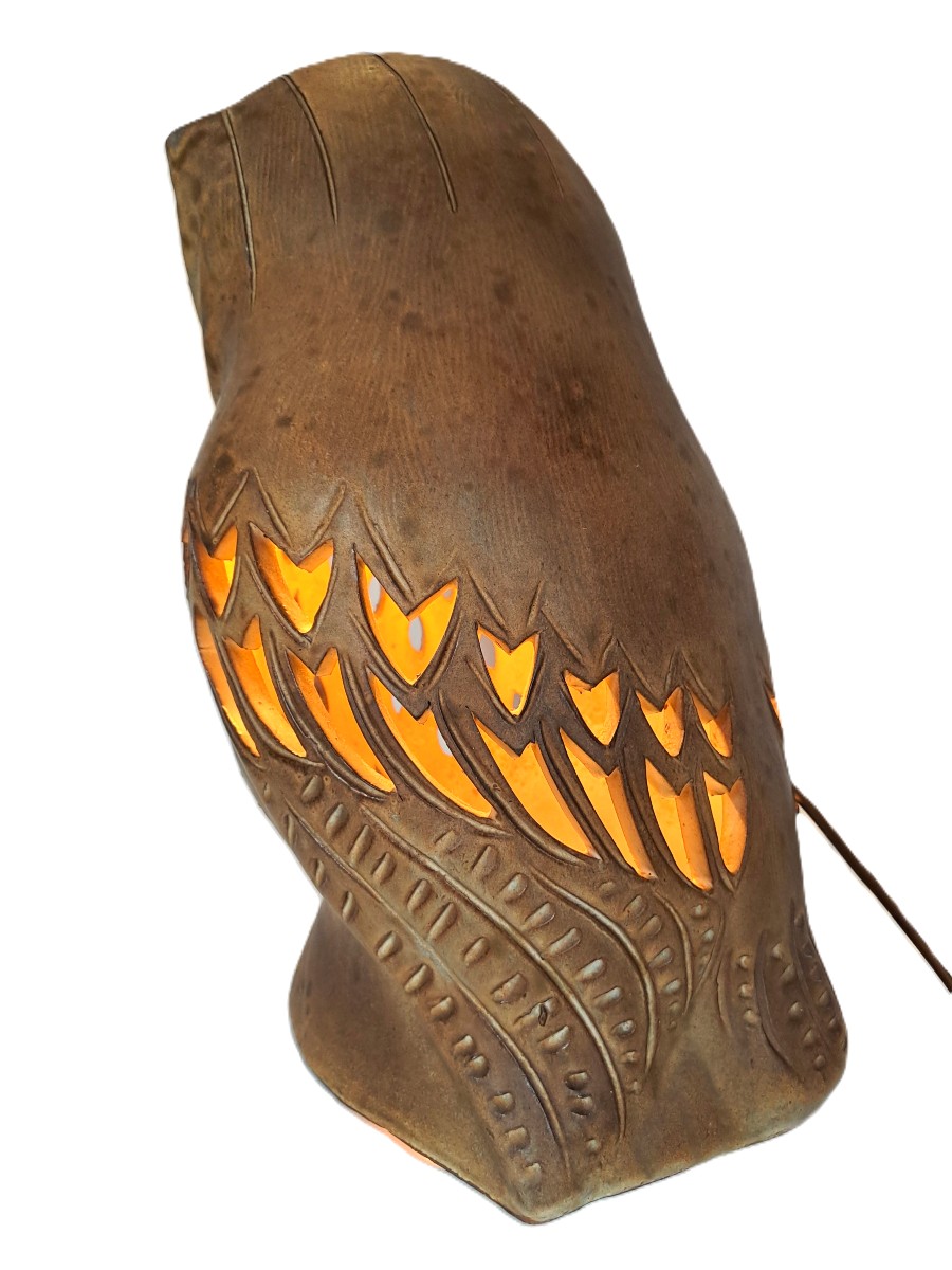 Chouette signée Agnès ESCALA, Luminaire zoomorphe en grès ajouré, Design Vintage Années 1970-photo-5