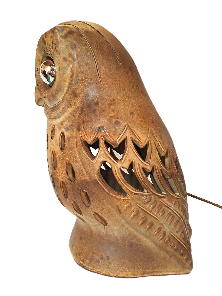 Chouette signée Agnès ESCALA, Luminaire zoomorphe en grès ajouré, Design Vintage Années 1970-photo-6