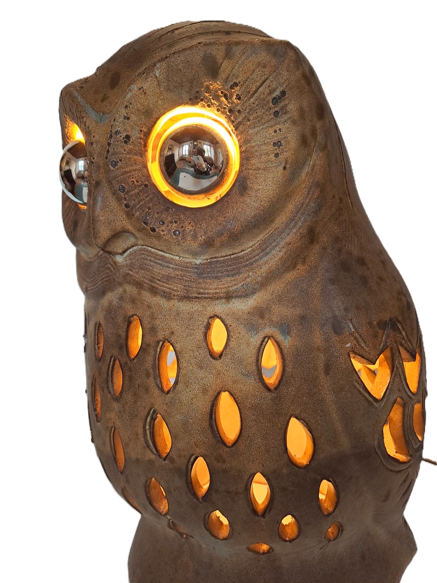 Chouette signée Agnès ESCALA, Luminaire zoomorphe en grès ajouré, Design Vintage Années 1970-photo-7