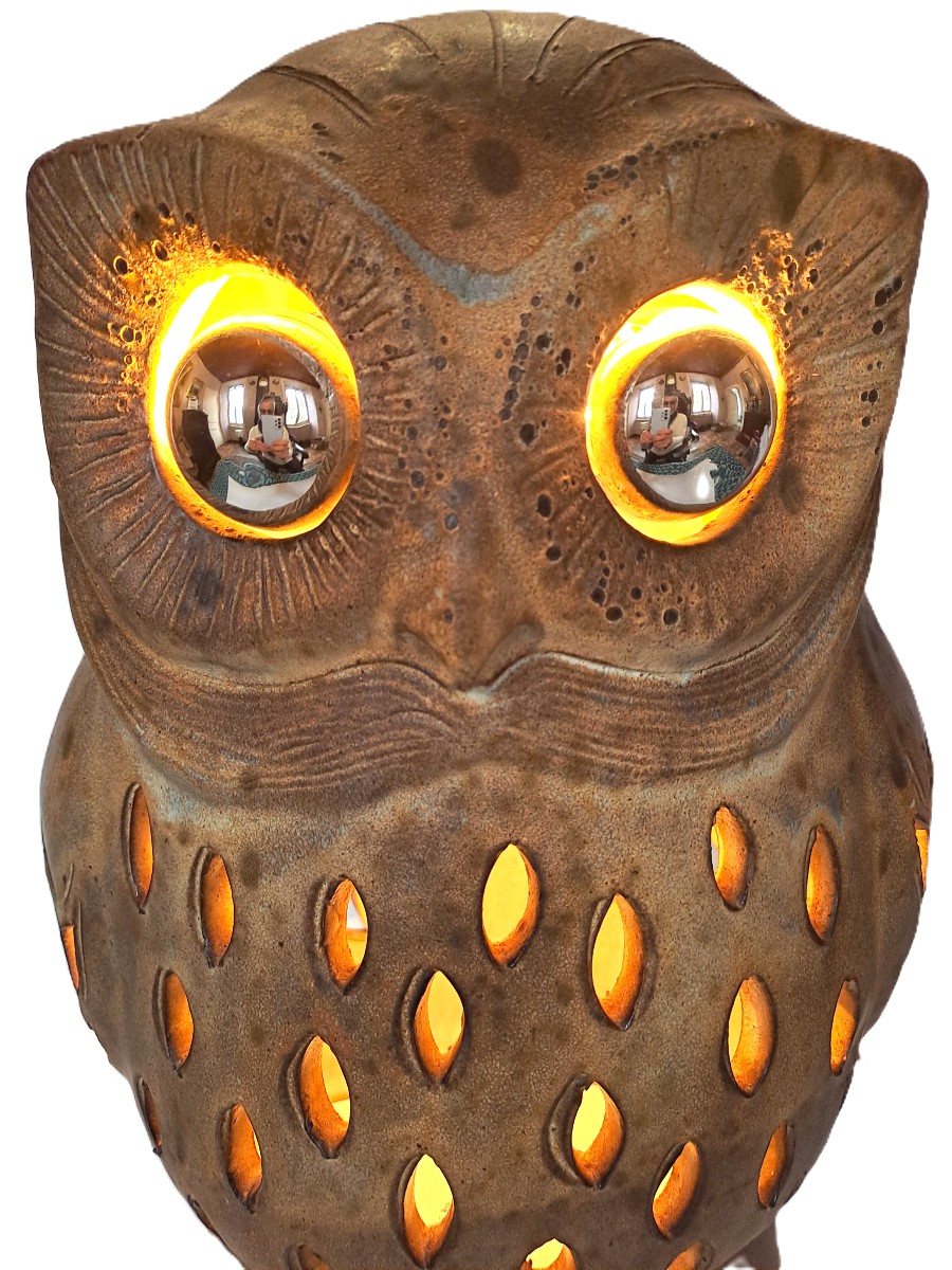 Chouette signée Agnès ESCALA, Luminaire zoomorphe en grès ajouré, Design Vintage Années 1970-photo-8
