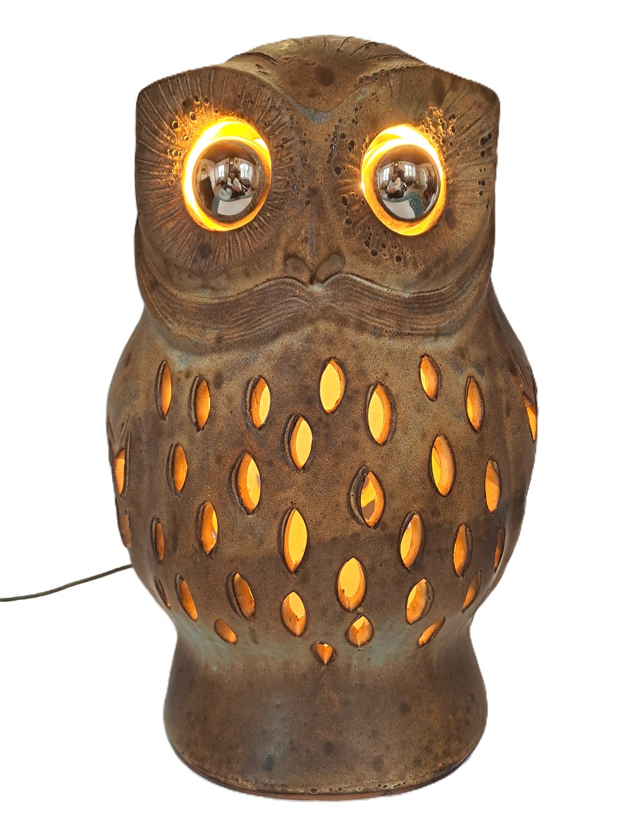 Chouette signée Agnès ESCALA, Luminaire zoomorphe en grès ajouré, Design Vintage Années 1970