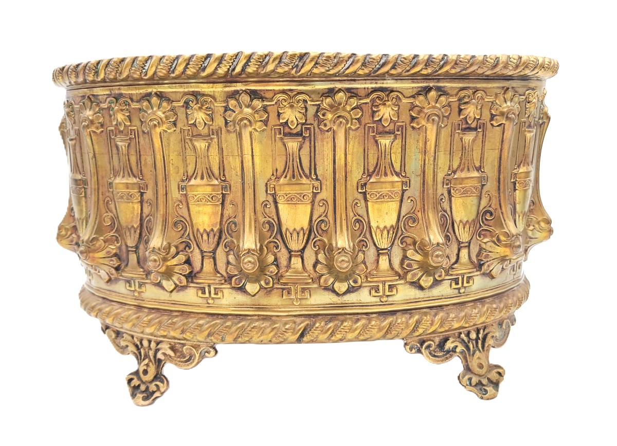 Jardinière en laiton repoussé à décor néoclassique époque Napoléon III, XIXème siècle-photo-6