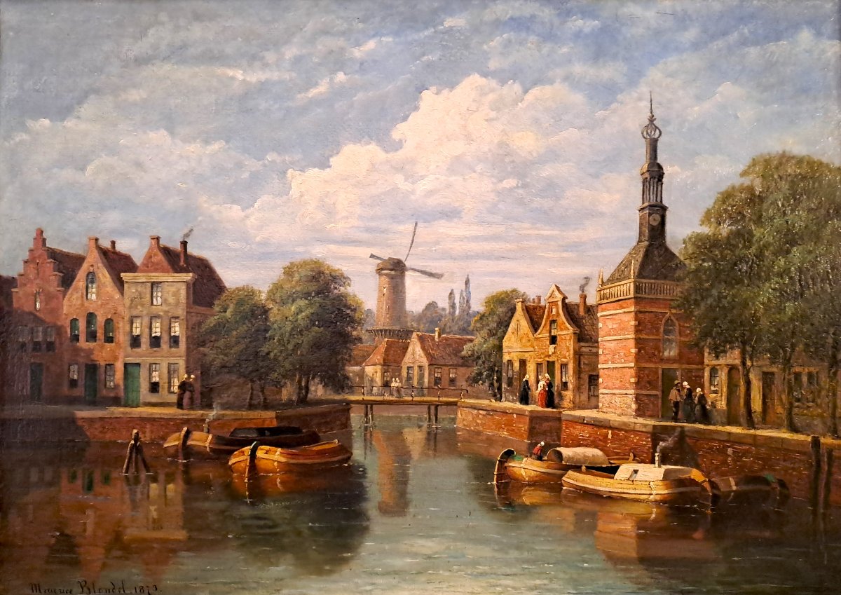 Marcel Blondel (19th Century), Oil On Canvas, The Verdronkenoord Canal In Alkmaar (netherlands), 1873-photo-2