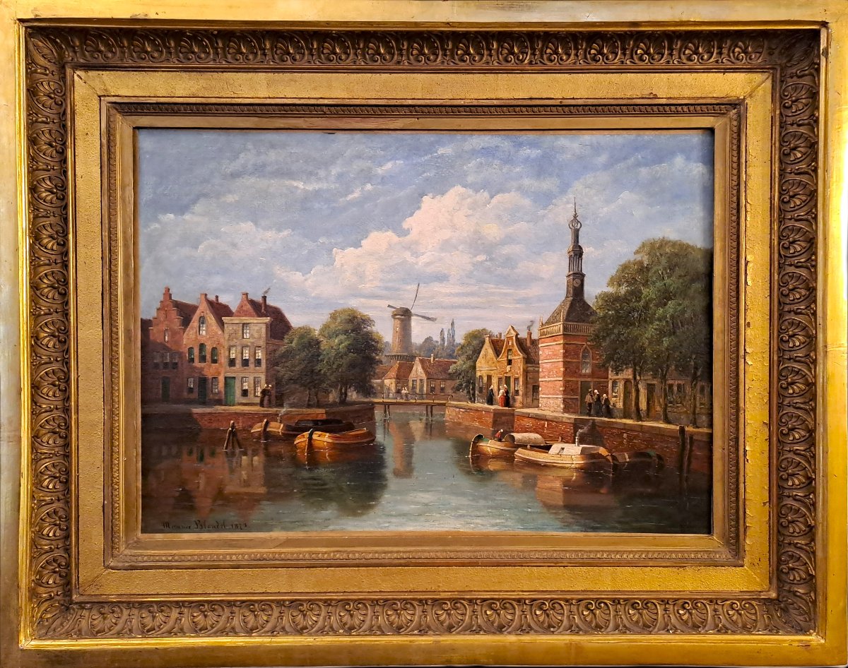 Marcel Blondel (19th Century), Oil On Canvas, The Verdronkenoord Canal In Alkmaar (netherlands), 1873