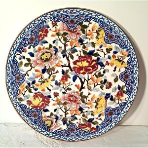 Large Gien Earthenware Dish, Peonies Decoration, 46 Cm