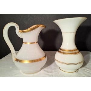 Pitcher And Baluster Vase In White And Golden Opaline Baccarat