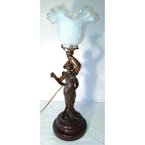 l'Aurore By Emile Bruchon, Sculpture With Bronze Patina Mounted As A Lamp With Opaline Tulip