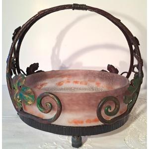 Art Deco Fruit Bowl In Glass Paste Signed Degué And Wrought Iron Stand