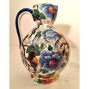 Gien Earthenware Cider Pitcher, Purple Peonies Decor, XIXth Century